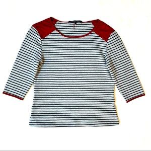 -Lemon Tart Gray and Black Striped Tee XSP Red Faux Suede Accents Sailor Marine
